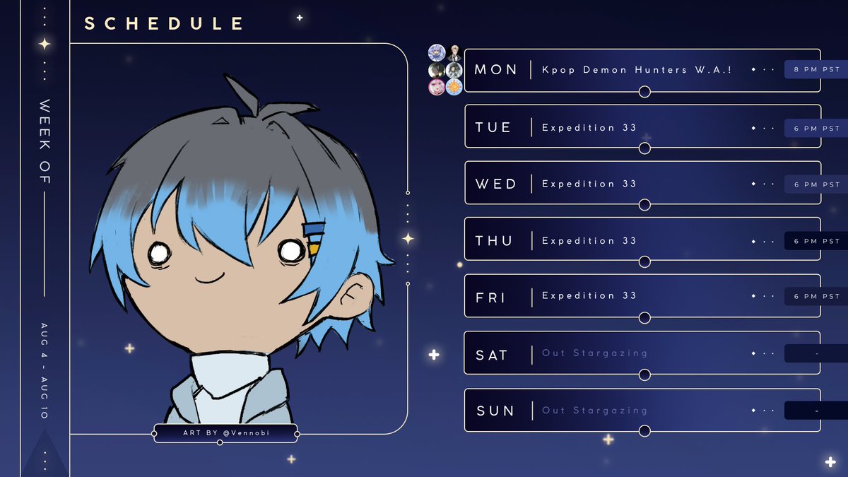 Ryusei๐ซSolaris (@ryuseisolaris) on Twitter photo ๐Stream Schedule Aug 4 - Aug 10๐
Starting this week with a watch along!
#Expedition33 streams turn into #ELDENRING if I beat the game this week!
Mon: #KPOPDEMONHUNTERS w/ <a href="/vennobi/">ven ๐ฑ</a> <a href="/DassaiNoa/">NoaDassai</a> <a href="/Articsong_VT/">Articsong โ๏ธ๐ต Winterwoods Bard</a> <a href="/Sternhirte/">Sternhirte</a> <a href="/Mae7H/">Mae ๐๐ฐ | Android Astrologian</a> <a href="/ChenergyGames/">Chenergy</a>
Tue-Fri: #Expedition33 โก๏ธ #ELDENRING ๐Stream Schedule Aug 4 - Aug 10๐
Starting this week with a watch along!
#Expedition33 streams turn into #ELDENRING if I beat the game this week!
Mon: #KPOPDEMONHUNTERS w/ <a href="/vennobi/">ven ๐ฑ</a> <a href="/DassaiNoa/">NoaDassai</a> <a href="/Articsong_VT/">Articsong โ๏ธ๐ต Winterwoods Bard</a> <a href="/Sternhirte/">Sternhirte</a> <a href="/Mae7H/">Mae ๐๐ฐ | Android Astrologian</a> <a href="/ChenergyGames/">Chenergy</a>
Tue-Fri: #Expedition33 โก๏ธ #ELDENRING