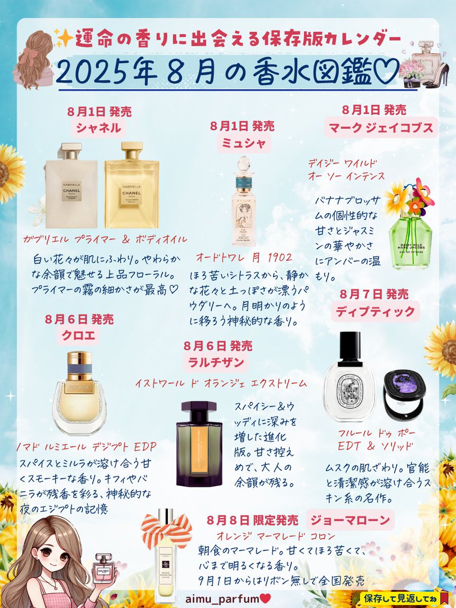 ✨8月は運命の香りとの出会いの月
今月も注目の香水が続々登場！
あなたの心を奪う1本、見つかるかも。

個人的に特に気になったのは
・シャネルのガブリエル プライマー
・フルールドゥポー EDT

香水好きさん、今月の図鑑も要チェックです♡