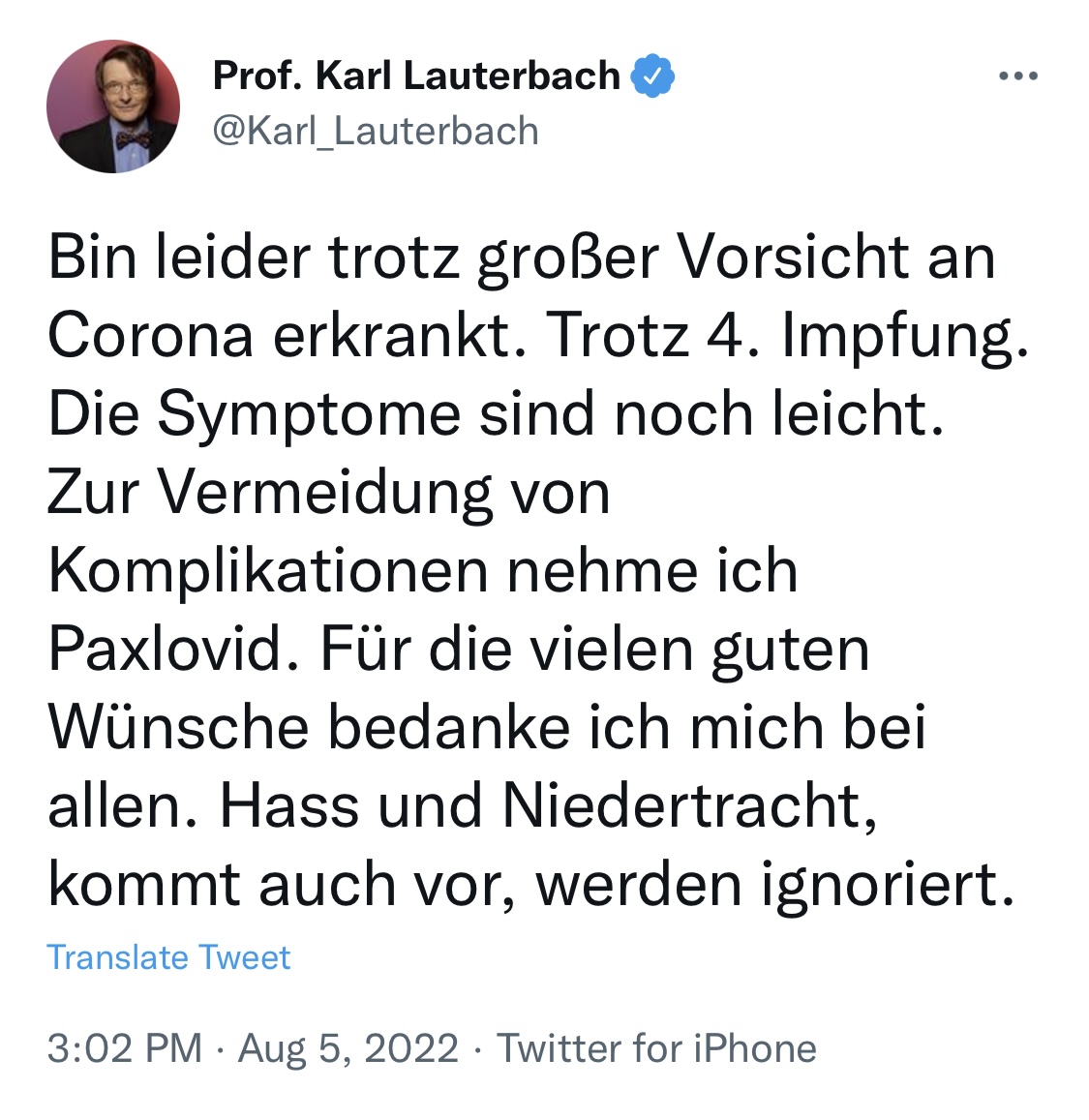 "Bin leider trotz großer Vorsicht an Corona erkrankt. Trotz 4. Impfung. Die Symptome sind noch leicht. Zur Vermeidung von Komplikationen nehme ich Paxlovid.

#RichtigErinnern August 2022
