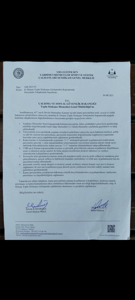 657 sayılı Devlet Memurları Kanunu’na tabi kamu personelinin özlük, mali ve sosyal haklarının iyileştirilmesi amacıyla 8. Dönem Toplu Sözleşme Taleplerimizi içeren resmi yazımızı Çalışma ve Sosyal Güvenlik Bakanlığı’na ilettik.
#YardımcıHizmetlerSınıfı 
#YhsTopluSözleşmeye