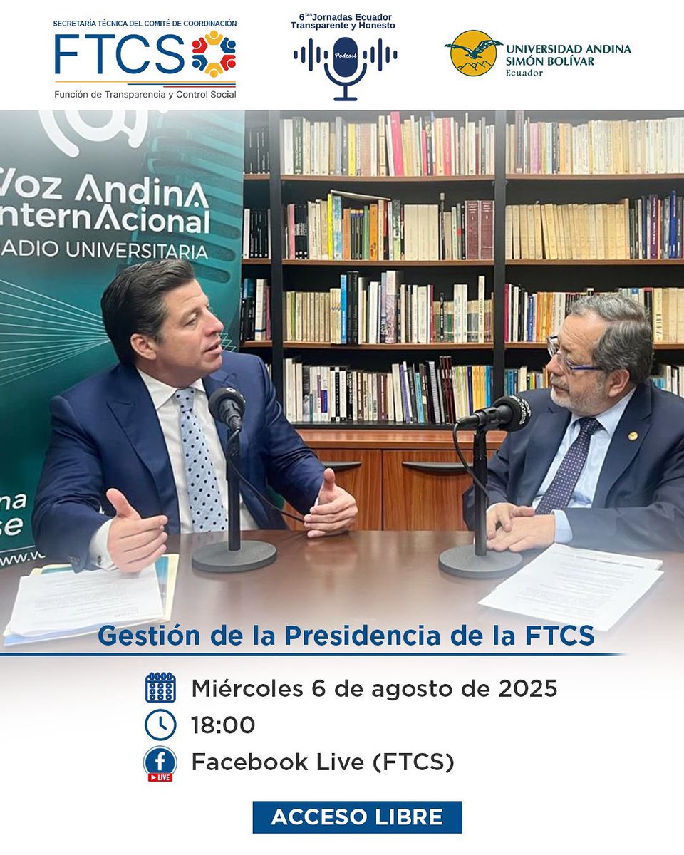 🎙️ Este miércoles a las 18h00, te invitamos a ver el segundo capítulo del #Podcast de la Secretaría Técnica del Comité de Coordinación de la #FTCS, en el marco de las 6tas Jornadas de Ecuador Transparente y Honesto.

En esta edición, nuestro presidente @luiscabezasklaere dialoga
