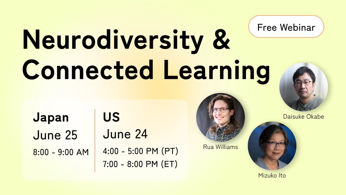 #ConnectedLearning (@theclalliance) on Twitter photo Our Director and the Director of the Connected Learning Lab, Mizuko Ito (<a href="/mizuko/">Mimi Ito</a>), reflects on our #ConnectedLearning research, what #Neurodiversity means to her, and the first webinar from <a href="/NDPotential/">Neurodiversity Potential|ニューロダイバーシティ・ポテンシャル (NDP)</a>'s Neurodiversity Potential Study Group!
✨connectedlearning.news/neurodiversity… Our Director and the Director of the Connected Learning Lab, Mizuko Ito (<a href="/mizuko/">Mimi Ito</a>), reflects on our #ConnectedLearning research, what #Neurodiversity means to her, and the first webinar from <a href="/NDPotential/">Neurodiversity Potential|ニューロダイバーシティ・ポテンシャル (NDP)</a>'s Neurodiversity Potential Study Group!
✨connectedlearning.news/neurodiversity…