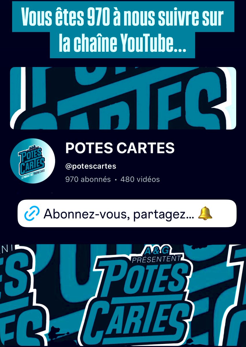 potes_cartes's tweet image. amis #potescartes vous êtes 970 (merci ‼️) à nous suivre sur notre chaîne YouTube 🔔 
aidez-nous à rejoindre ce premier palier symbolique des 1K en vous abonnant ou en partageant 🔗 ⬇️
youtube.com/@potescartes?s… merci 💓