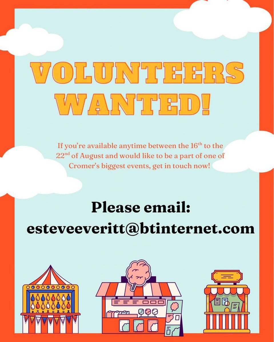 Cromer Carnival (@cromercarnival) on Twitter photo We are asking for your help. Particularly for anyone who is able to volunteer and help us on the gates onto the field.
If you think this is something you can assist with, please get in touch with Steve on esteveeveritt@btinternet.com
๐ฆ #CromerCarnival We are asking for your help. Particularly for anyone who is able to volunteer and help us on the gates onto the field.
If you think this is something you can assist with, please get in touch with Steve on esteveeveritt@btinternet.com
๐ฆ #CromerCarnival