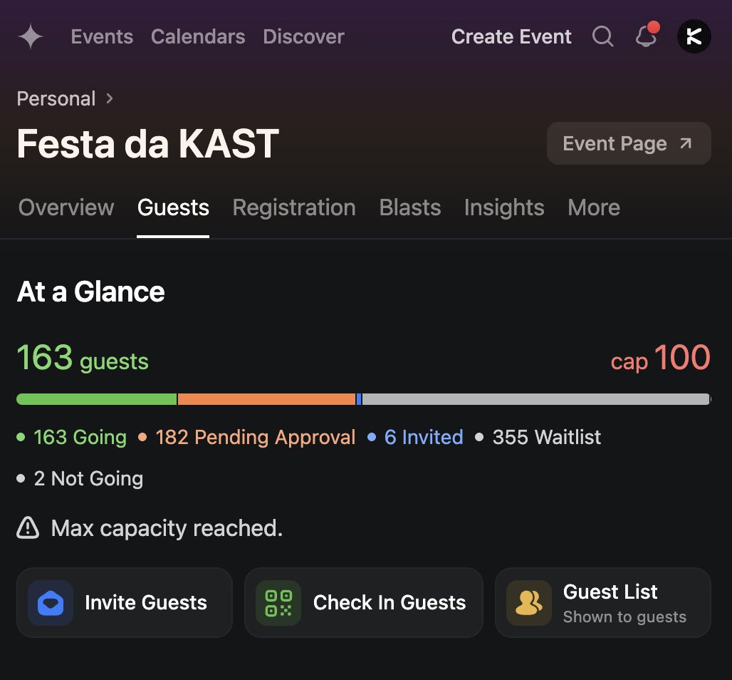 i guess ppl rly wanna hit the KAST Party at <a href="/blockchain_rio/">Blockchain.Rio</a> 😅

✅ Cap: 100
😳 Pending: 180+
🤯 Waitlist: 350+