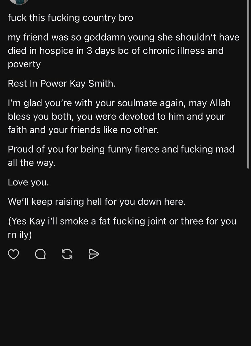 rkellysucks's tweet photo. rest in power baby you are at peace now we all know it 

(any recommendations for songs when the funniest leftist dope ass chronically ill broad u know dies too soon and u just found out welcomed) (i alr played when sept ends bc she would’ve laughed bc we met shitposting) https://t.co/d7wfzRUUZa