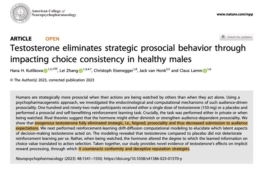 🇺🇸 TESTOSTERONE KILLS PEOPLE-PLEASING AND MAKES YOU TOO REAL

Scientists gave 192 guys either testosterone or a placebo and made them do a task while being watched or alone. 

The ones on testosterone stopped trying to look good for the audience and just did what they wanted. It