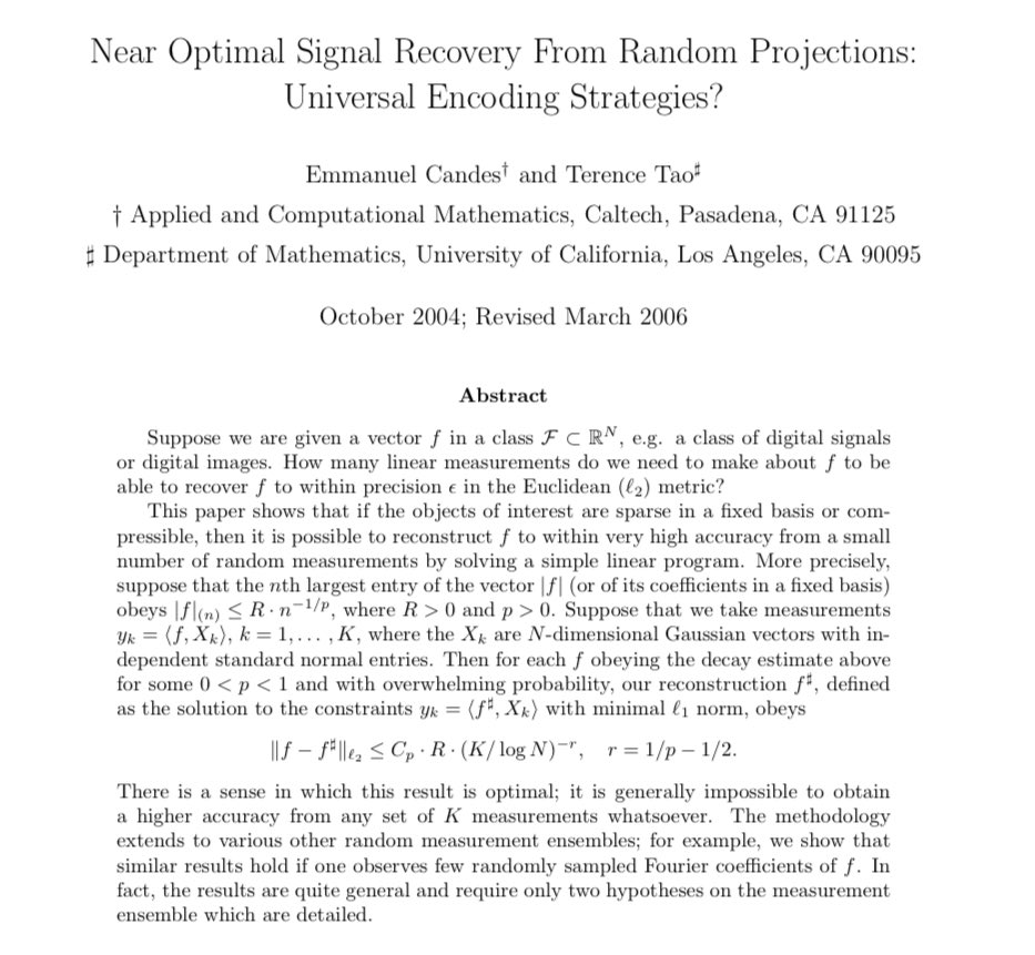 bubblebabyboi's tweet image. I don’t think people understand how much of Terrance Tao’s work is in applied math.
One of his most-cited papers basically jump-started the area of compressed sensing which is a field that sits between EE & Pure Math & probably added an innumerable amount of value to the…