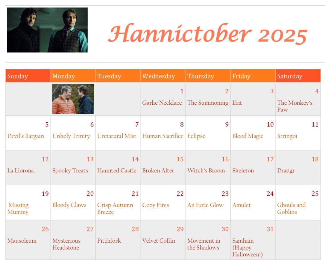 #Hannictober prompts for #Hannictober2025.  Do as many or as few of the prompts as you want.  All types of media are welcome. HEU welcome.  Tag your posts with the hashtag and if you write something add it to the AO3 collection. Remember the point is to have fun and be creative!
