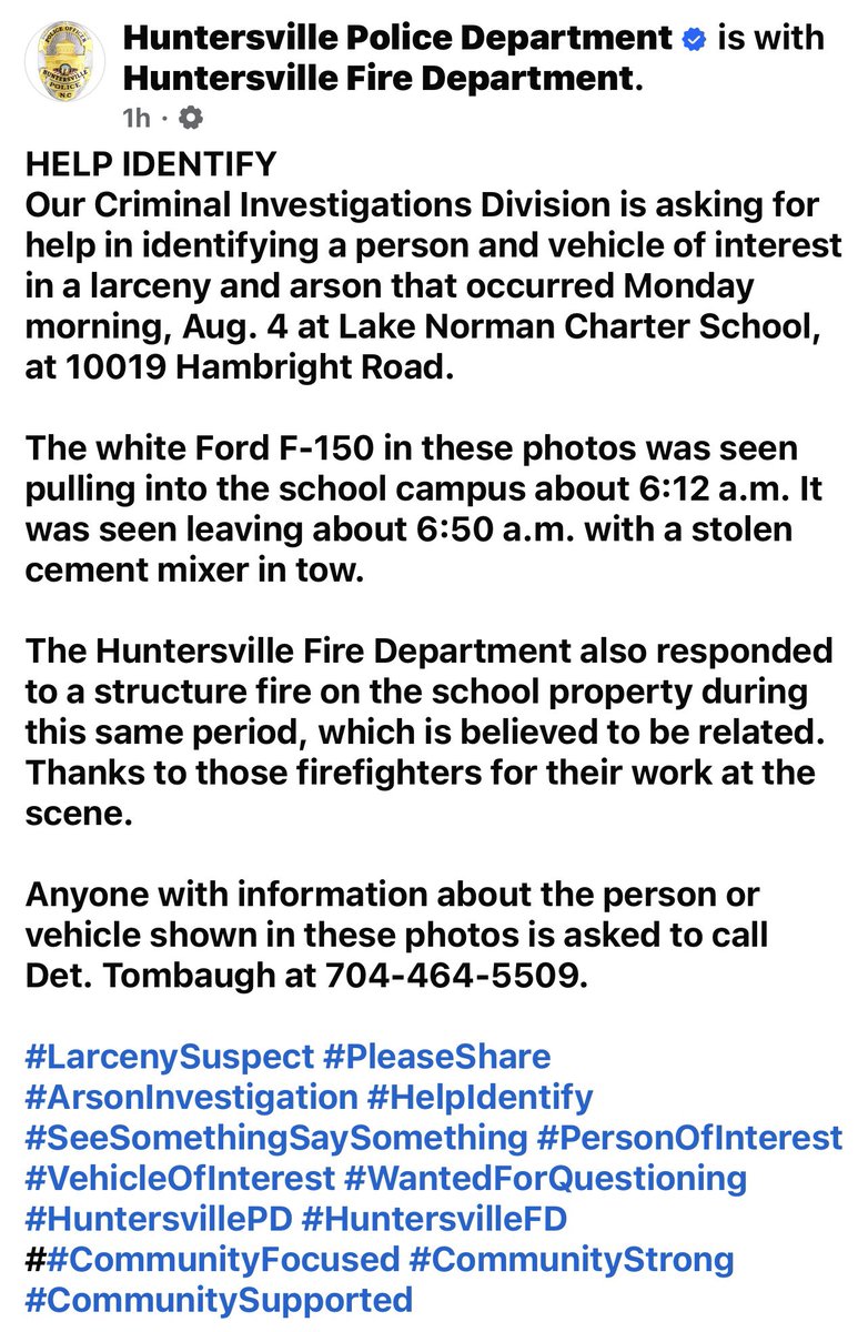Huntersville_FD's tweet image. *STRUCTURE FIRE UPDATE* 
From our post earlier this morning regarding the fire we responded to at @LNCharter Elementary school. If you can identify this individual please notify @HuntersvillePD immediately! #SeeSomethingSaySomething #HelpIdentify