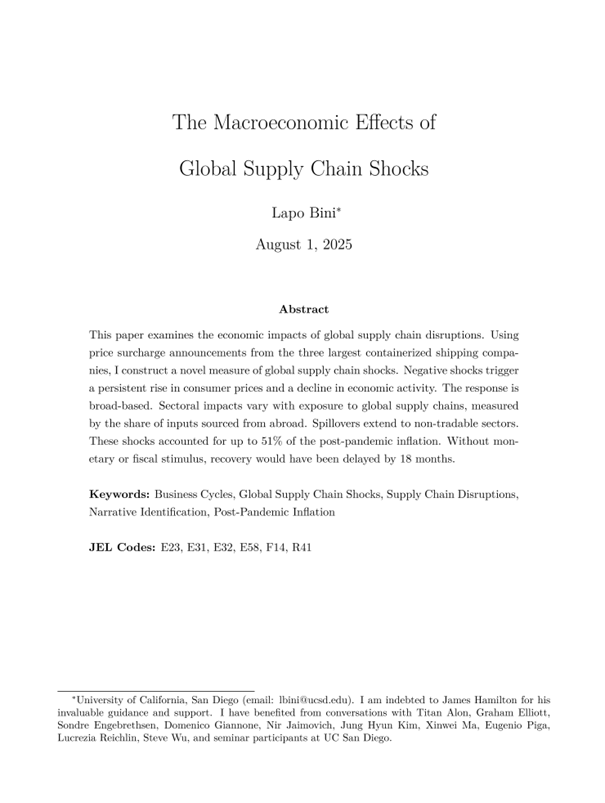 Super interesting!

"The Macroeconomic Effects of Global Supply Chain Shocks" by Lapo Bini.

"This paper examines the economic impacts of global supply chain disruptions. Using price surcharge announcements from the three largest containerized shipping companies, I construct a