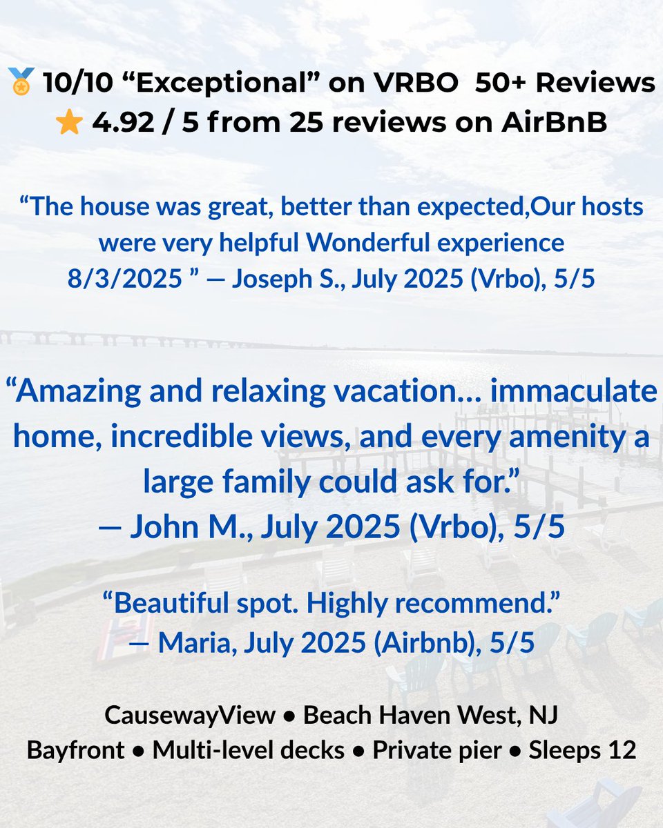 🏖️ Rare late summer opening at our bayfront home near LBI!
🗓️ Aug 30–Sept 13 (Labor Day Weekend is WIDE open)
🌟 10/10 on VRBO, 4.92 ⭐️ on Airbnb
🛶 Private pier, kayaks, views for days
💸 Book direct to save
#LBI #JerseyShore #VacationRental #LaborDayPlans