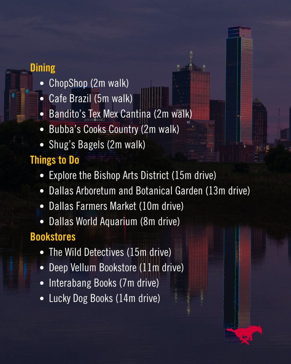 Getting ready to join us on campus next week? If you’re new to the Dallas area, here are a few local spots to explore. Mustangs, which spots are your best-kept secrets 👇🏼
