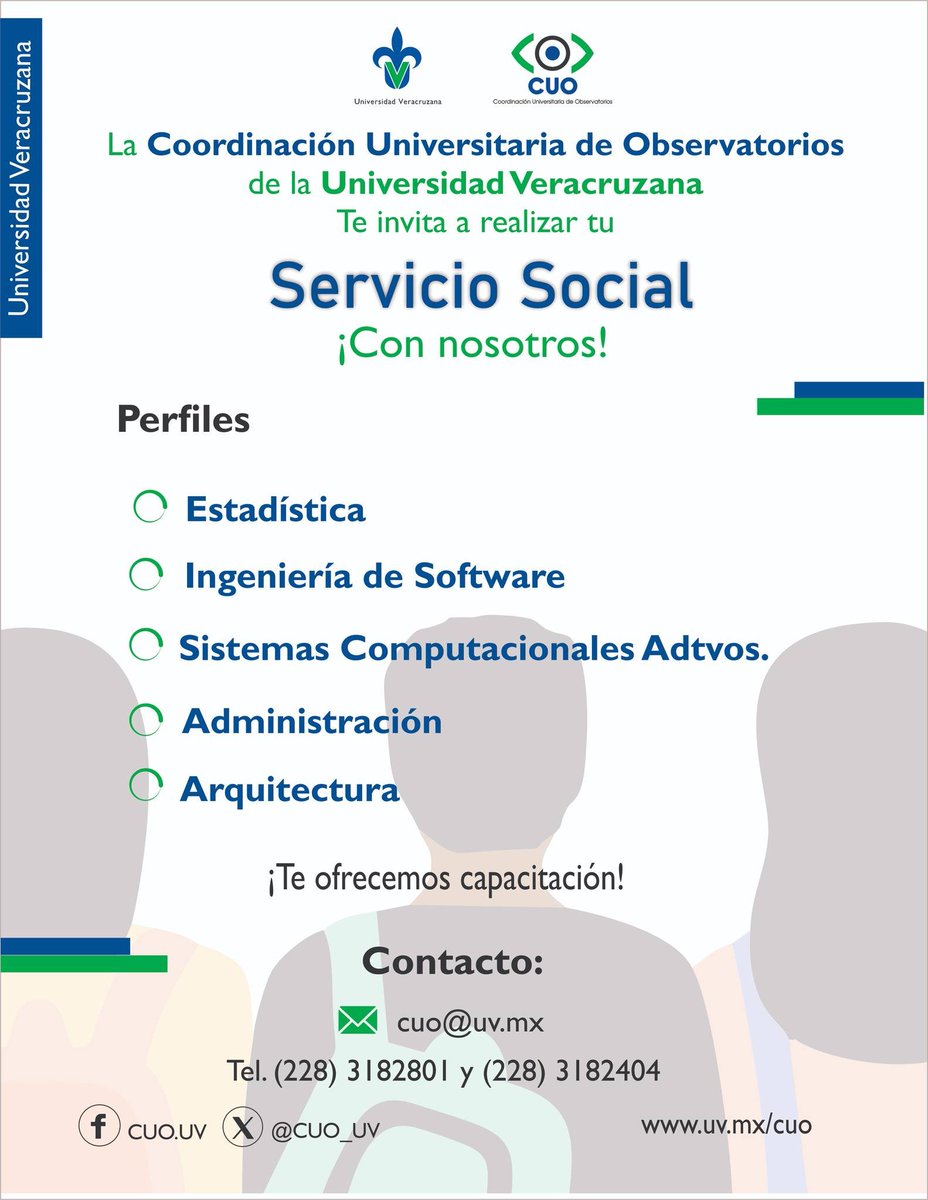 Coordinación Universitaria de Observatorios UV (@cuo_uv) on Twitter photo 📢ATENTA INVITACIÓN A LA COMUNIDAD ESTUDIANTIL
¿Estás por comenzar tu servicio social? Puedes realizarlo en la CUO UV y desempeñar actividades afines a tu perfil profesional.
Para más información:
✉️Correo: cuo@uv.mx
📞Tel. (228) 3182801 y (228) 3182404 📢ATENTA INVITACIÓN A LA COMUNIDAD ESTUDIANTIL
¿Estás por comenzar tu servicio social? Puedes realizarlo en la CUO UV y desempeñar actividades afines a tu perfil profesional.
Para más información:
✉️Correo: cuo@uv.mx
📞Tel. (228) 3182801 y (228) 3182404