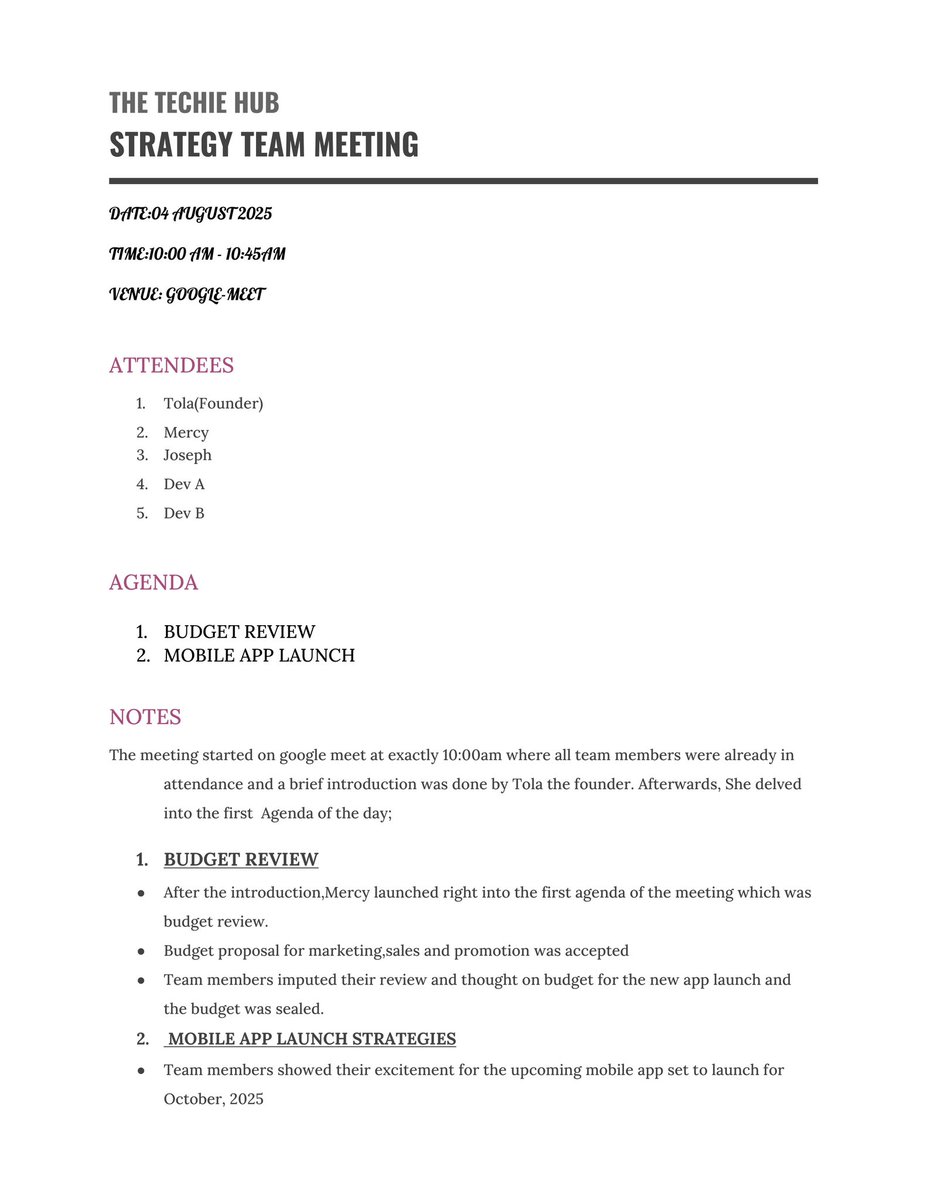Temiiloluwa2's tweet image. VA Mock Project Day 4🫴🏾

Meeting notes?? Handled.
Just sent this cleaned-up doc to Tola after her strategy call. I even used a proper meeting notes template to make it team-ready✅
Tagging our Brilliant Human @AlabaUmar_ 🥳
#VirtualAssistant #portfoliobuild