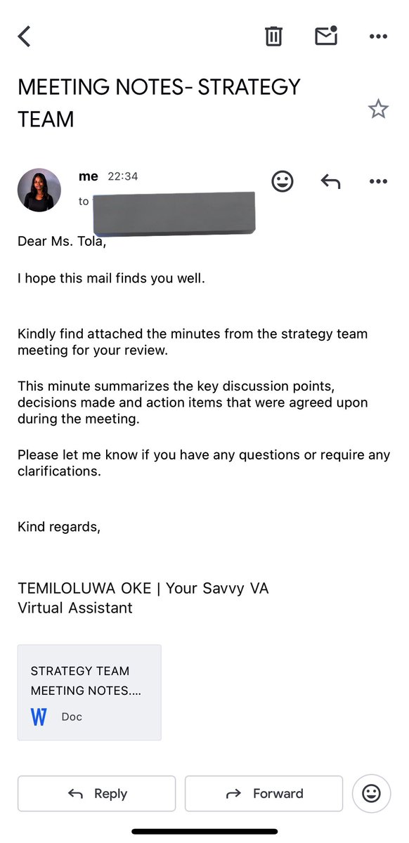 Temiiloluwa2's tweet image. VA Mock Project Day 4🫴🏾

Meeting notes?? Handled.
Just sent this cleaned-up doc to Tola after her strategy call. I even used a proper meeting notes template to make it team-ready✅
Tagging our Brilliant Human @AlabaUmar_ 🥳
#VirtualAssistant #portfoliobuild