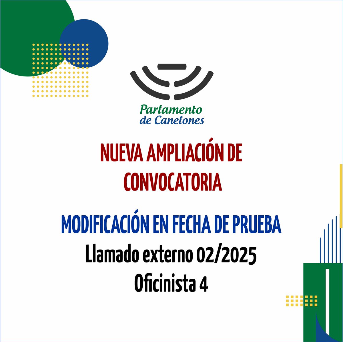 📋Atención: novedades llamado N° 02/2025
Se amplió nuevamente la convocatoria y se suspendió la fecha prevista para la prueba de oposición.

+ Info: juntadecanelones.gub.uy/noticia.php?id…
