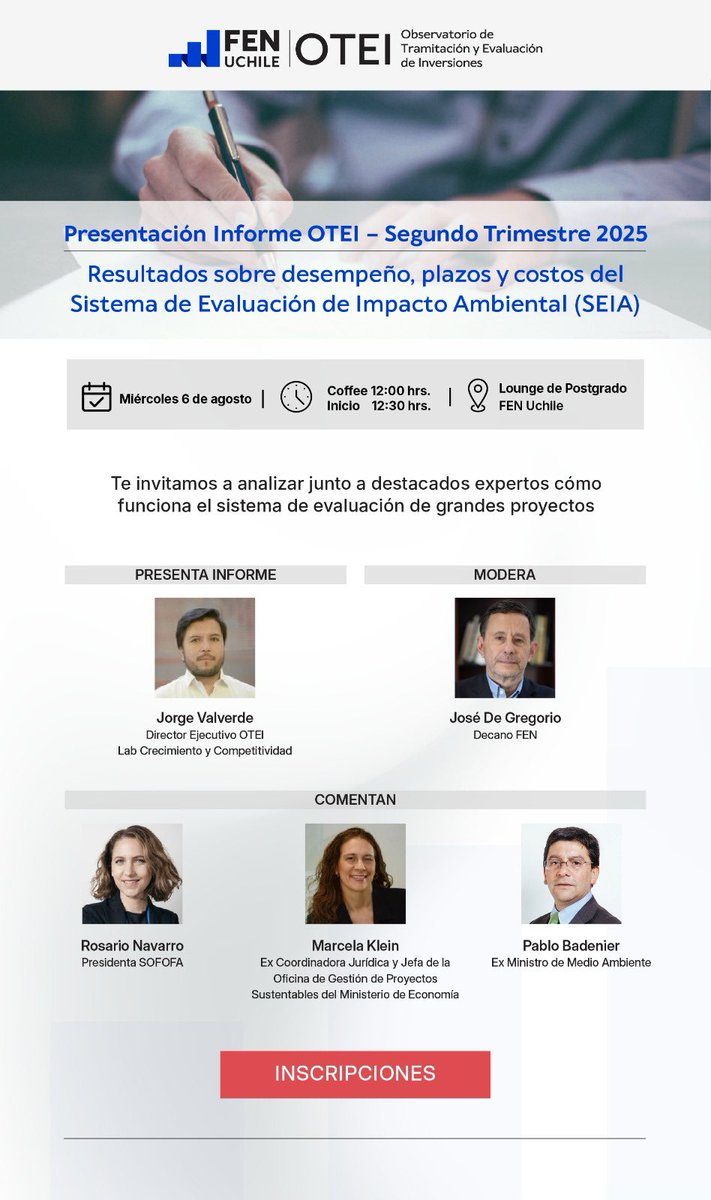 Este miércoles 6 de agosto, 11.30 hrs. Lanzamiento del informe OTEI con <a href="/valverde_jorge/">Jorge Valverde Carbonell</a> <a href="/fenuchile/">FEN U. de Chile</a> . El
Mejor análisis de datos que he visto para sacar conclusiones del funcionamiento del SEIA.