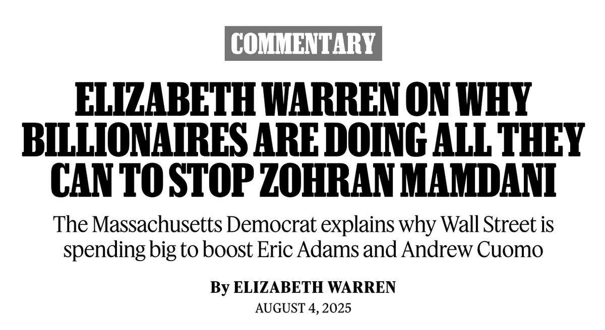 ewarren's tweet photo. Some billionaires &amp; Wall Street CEOs can’t stand the idea of a mayor who wants them to pay their fair share to create a city that everyone can afford. 

In @rollingstone, I discuss how @ZohranKMamdani will stand up to special interests &amp; make New York work for working people. https://t.co/VOBWMCzJGH