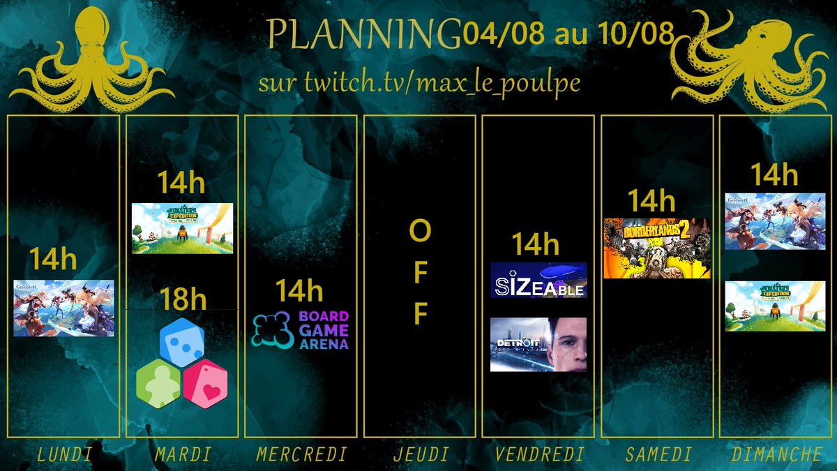 Planning de la semaine bien chargée!
Demain énigme et tierlist des jeux de l'été!
Mercredi retour des jeux BGA!
Vendredi on attaque Detroit become Human!
Samedi Borderlands 2 le retour
Dimanche genshin et fin de monster expédition?
Venez l'ambiance y est bonne #Twitch