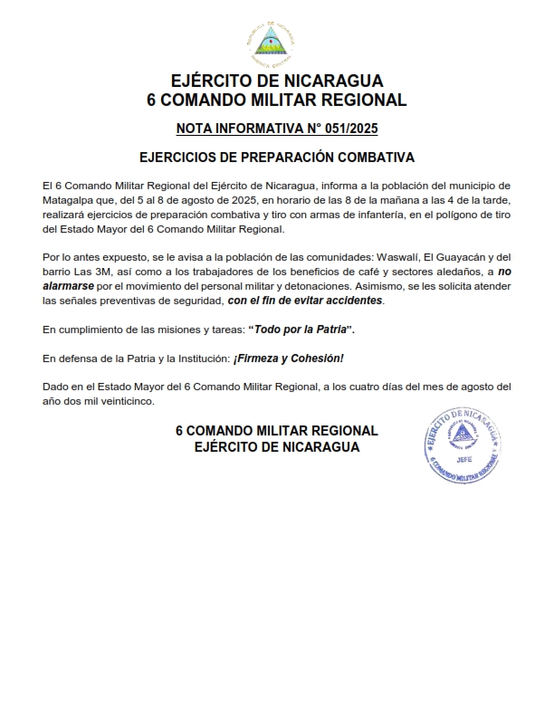 Ejército de Nicaragua del 5 al 8 de agosto de 2025, realizará ejercicios de preparación combativa en Matagalpa.
#noticias #nicaragua

Más información 🌐👉🏻 canal4.com.ni/ejercito-de-ni…