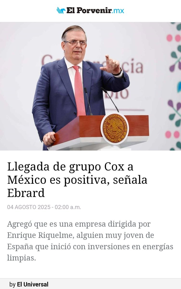 MéxicoSi🇲🇽 (@marceloe2024) on Twitter photo Llegada de grupo Cox es positiva, señala <a href="/m_ebrard/">Marcelo Ebrard C.</a> confirmó sus inversiones en 🇲🇽 son mercado estratégico para las empresas y agregó que invertirán 10,700 millones de USD al 2030, incluyendo las inversiones q hizo al comprar las plantas, por 4 mil millones share.google/BmQOtUNJxJxe9V… Llegada de grupo Cox es positiva, señala <a href="/m_ebrard/">Marcelo Ebrard C.</a> confirmó sus inversiones en 🇲🇽 son mercado estratégico para las empresas y agregó que invertirán 10,700 millones de USD al 2030, incluyendo las inversiones q hizo al comprar las plantas, por 4 mil millones share.google/BmQOtUNJxJxe9V…