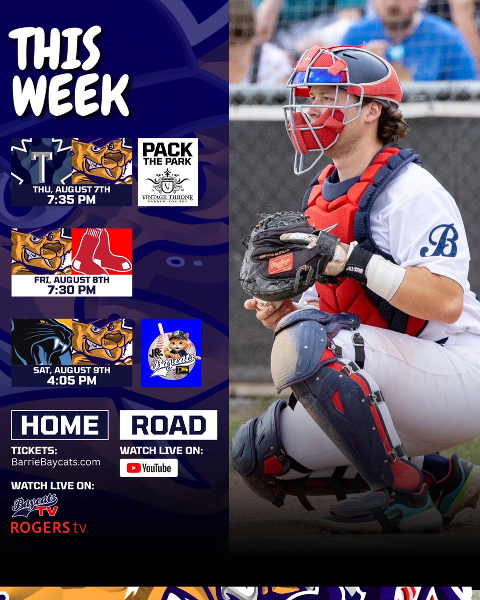 New Week!

Thursday is Vintage Throne Pack the Park - FREE ENTRY! First pitch is at 7:35 pm against Toronto.

Saturday is another Paul Sadlon Motors Junior Baycats Day! Get your tickets 👉 seatgiantevents.ca/event/barrie-b…

📸 Bob Hurley 

#RollCats