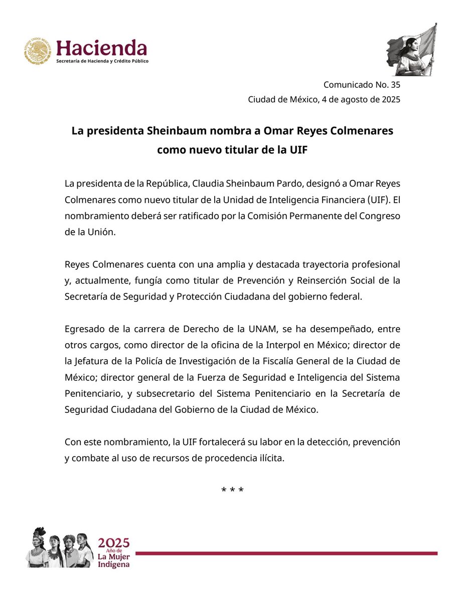 La presidenta Sheinbaum nombra a Omar Reyes Colmenares como nuevo titular de la UIF.

gob.mx/shcp/prensa/29…

#ComunicadoHacienda