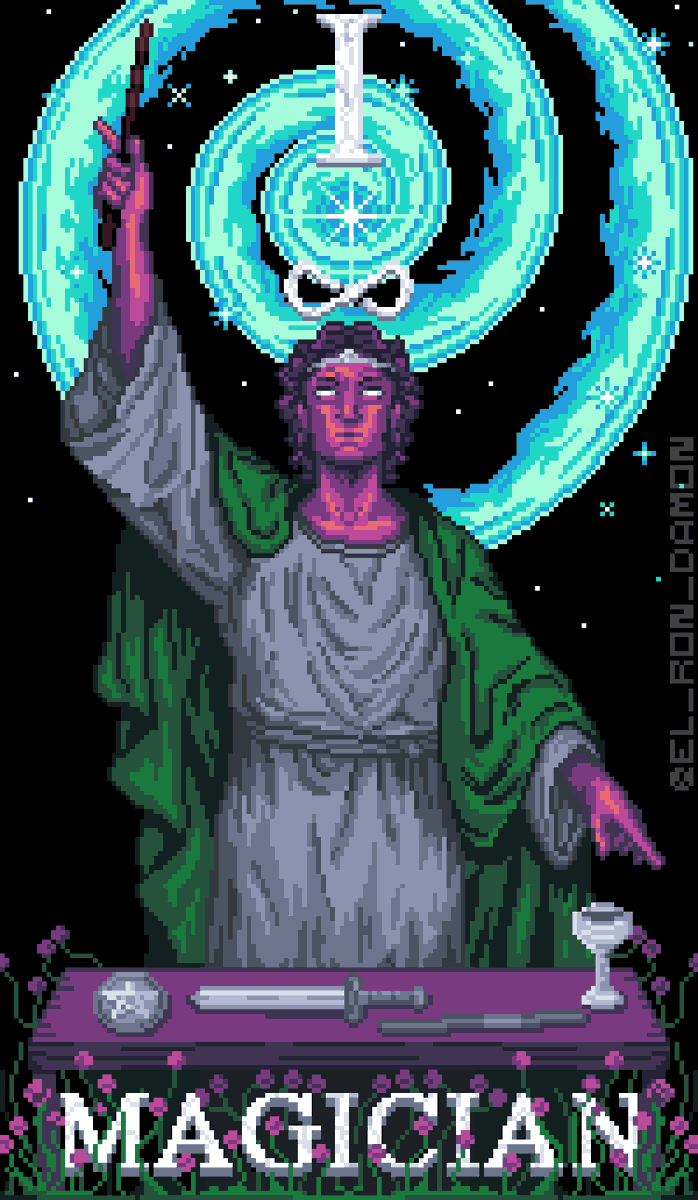 el_ron_damon's tweet photo. I - The Magician.
In the heart of a forming star, matter and intention spiral into being.
The Magician stands as a conduit between cosmos and consciousness, will and manifestation.
A star is born from chaos — gravity pulling gas and dust into order, into light.

#pixelart https://t.co/2q1NrHWKl4