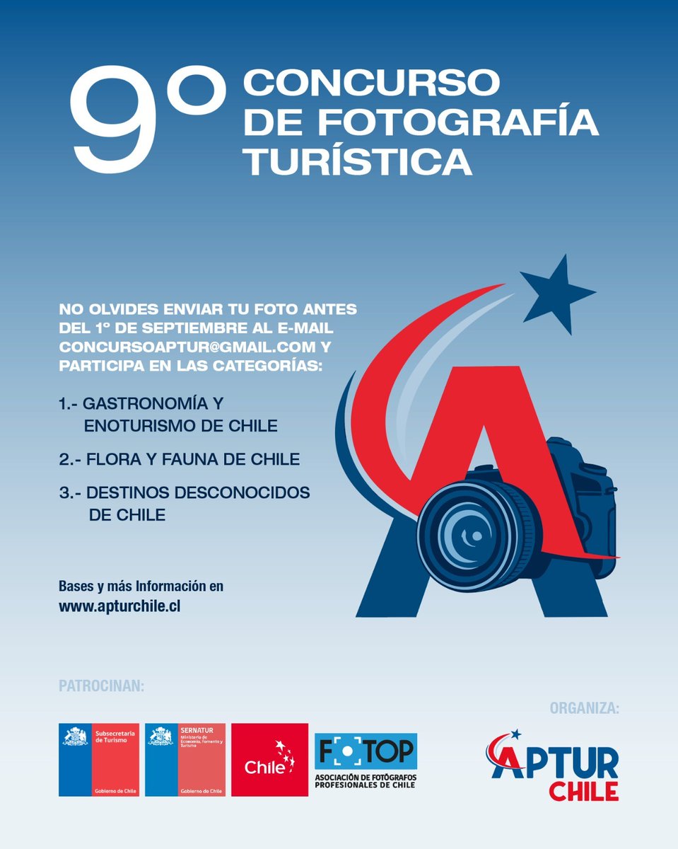 ¡Participa en el 9° Concurso Nacional de Fotografía Turística de <a href="/ApturChile/">APTUR Chile</a> 📸!
Las categorías son: Gastronomía y Enoturismo de Chile; Flora y fauna de Chile; Destinos Desconocidos de Chile.
📧 Envía hasta 3 fotos a: concursoaptur@gmail.com
*Hasta el 1 de septiembre de 2025 🗻☀️