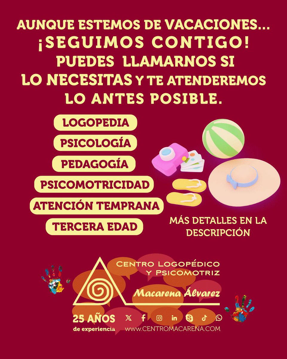 logopediaMA's tweet image. 💬✨ ¡Aunque estemos de vacaciones, seguimos para ti! 🌞

📞 649 718 264 / 922 264 197
🧠 Psicología | 🗣️ Logopedia | 📚 Pedagogía | 🎯 Psicomotricidad | 👶 Atención Temprana | 👵 Tercera Edad
📧 info@centromacarena.com
🌐 centromacarena.com
#Verano #CentroMacarena
