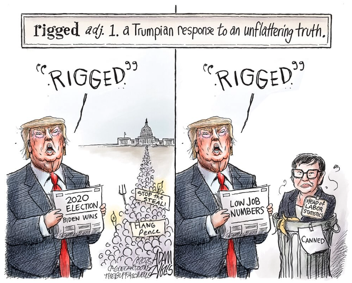 Trump hates facts. He rejects truth. He doesn’t want the public to know what’s really happening. 

Trump has destroyed the credibility of the BLS — an extraordinarily important source of information. [Cartoon by Adam Zyglis]