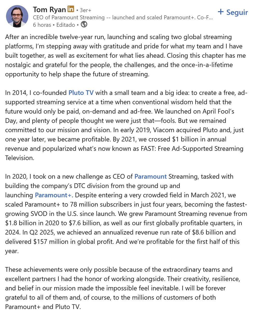 migueldobrich's tweet photo. Tom Ryan anuncia que dejará su cargo como presidente y CEO de Paramount Streaming. 
En 12 años lanzó #PlutoTV y #Paramount+, popularizó el modelo #FAST y llevó los ingresos de streaming de 1.800 a 8.600 millones de dólares anuales.

#StreamingWars https://t.co/w7oxKyDRWb