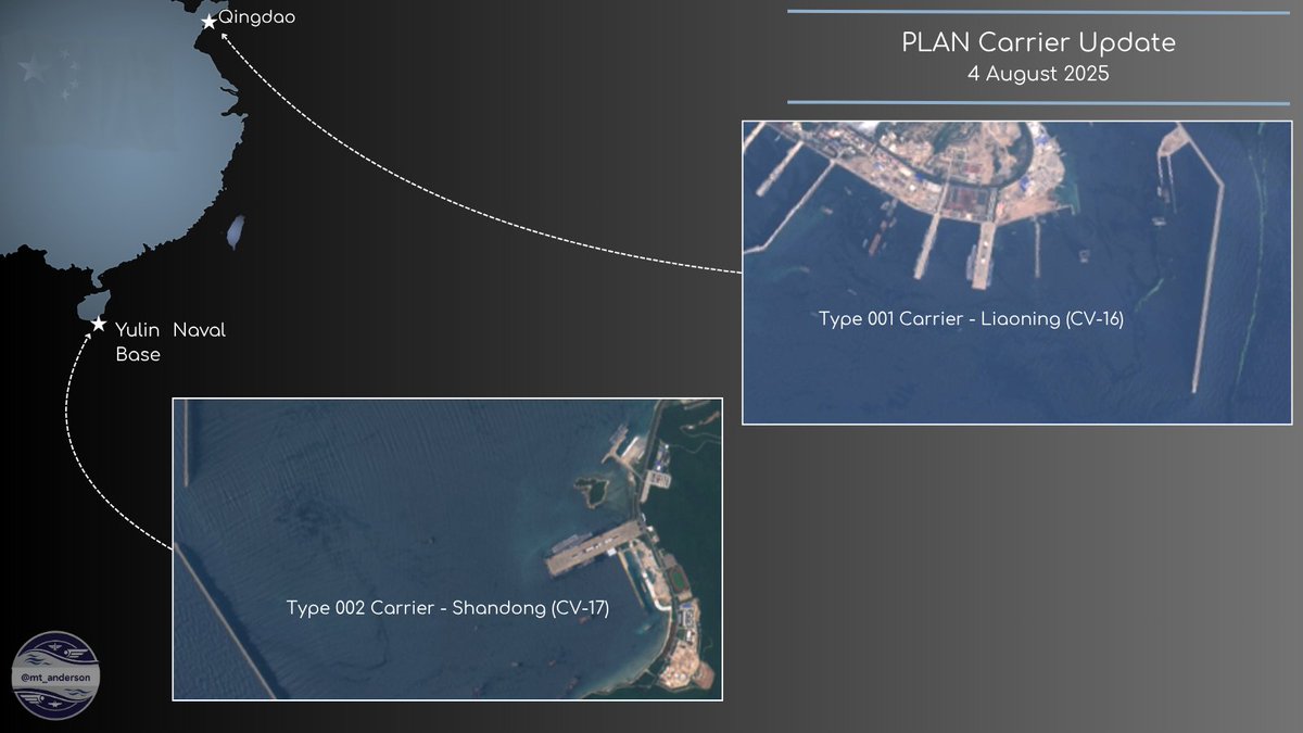 MT Anderson (@mt_anderson) on Twitter photo 🔎🇨🇳PLAN Carrier Update
Both of the fully operational PLAN aircraft carriers remain in port, Shandong in Yulin and Liaoning in Qingdao
Source: <a href="/esa/">European Space Agency</a> <a href="/USGSLandsat/">USGS Landsat</a>
Date: 4 August 2025 🔎🇨🇳PLAN Carrier Update
Both of the fully operational PLAN aircraft carriers remain in port, Shandong in Yulin and Liaoning in Qingdao
Source: <a href="/esa/">European Space Agency</a> <a href="/USGSLandsat/">USGS Landsat</a>
Date: 4 August 2025