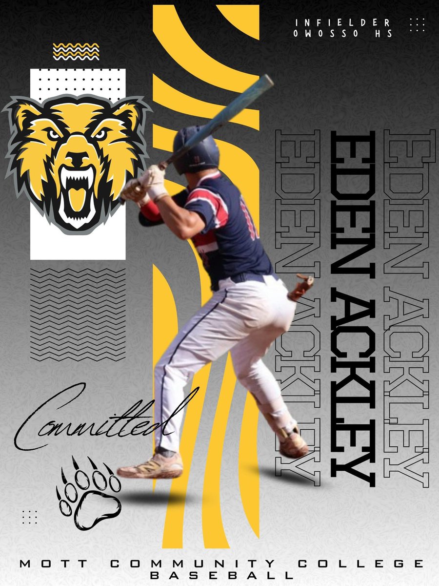 Eden Ackley (@edenackley) on Twitter photo Super pumped to announce my commitment to <a href="/MottCCBaseball/">Mott CC Baseball</a>, first off I want to thank god for putting me in this position, second I want to thank my friends, family, and coaches, that helped get me to where I am today thank you <a href="/Coach_C33/">Roger Christensen</a> and <a href="/coach_aaron643/">Aaron Sandlin</a>. Go bears!🖤💛🐻 Super pumped to announce my commitment to <a href="/MottCCBaseball/">Mott CC Baseball</a>, first off I want to thank god for putting me in this position, second I want to thank my friends, family, and coaches, that helped get me to where I am today thank you <a href="/Coach_C33/">Roger Christensen</a> and <a href="/coach_aaron643/">Aaron Sandlin</a>. Go bears!🖤💛🐻