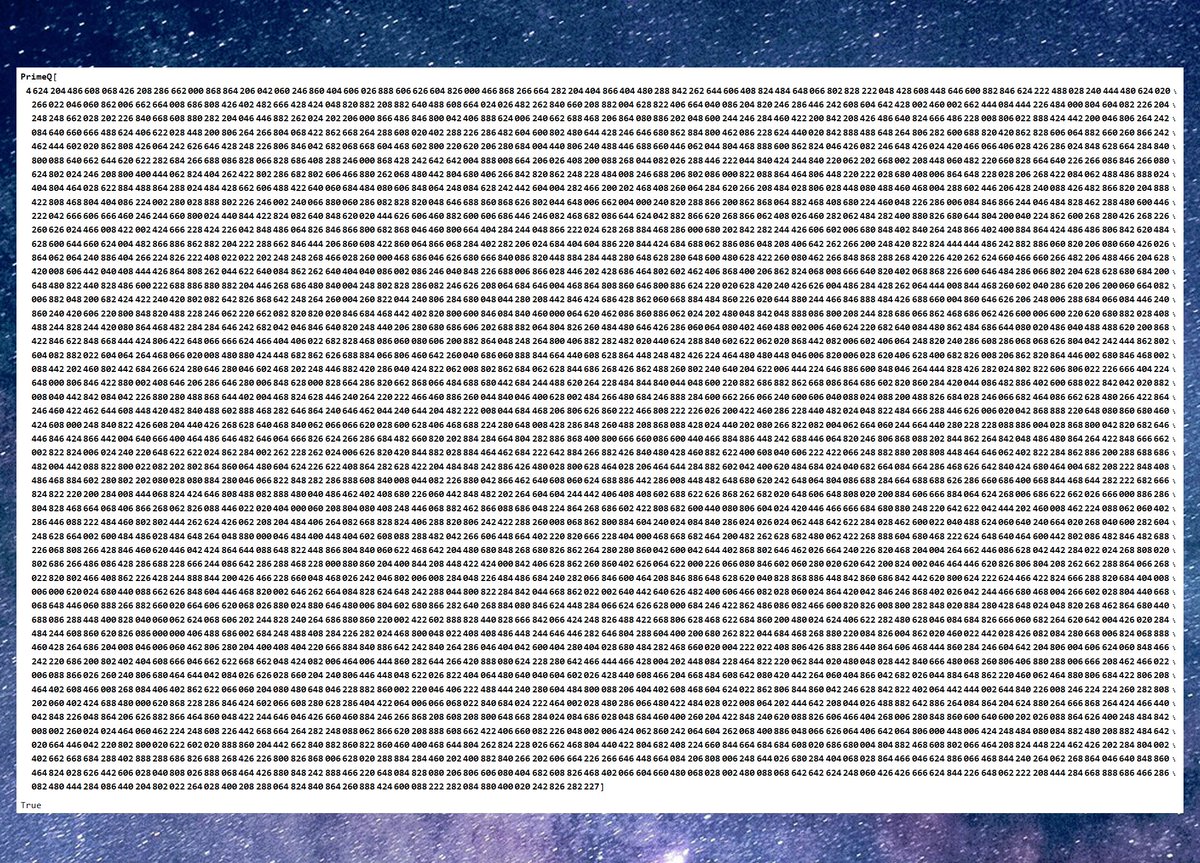 Mathematics.

Please enjoy this is marvelous 10,000-digit Prime Number for which all digits are even, except for the last digit.  It was sent to me from researcher and mathematician Michel Yamagishi, <a href="/ymichel/">Michel Yamagishi</a>.