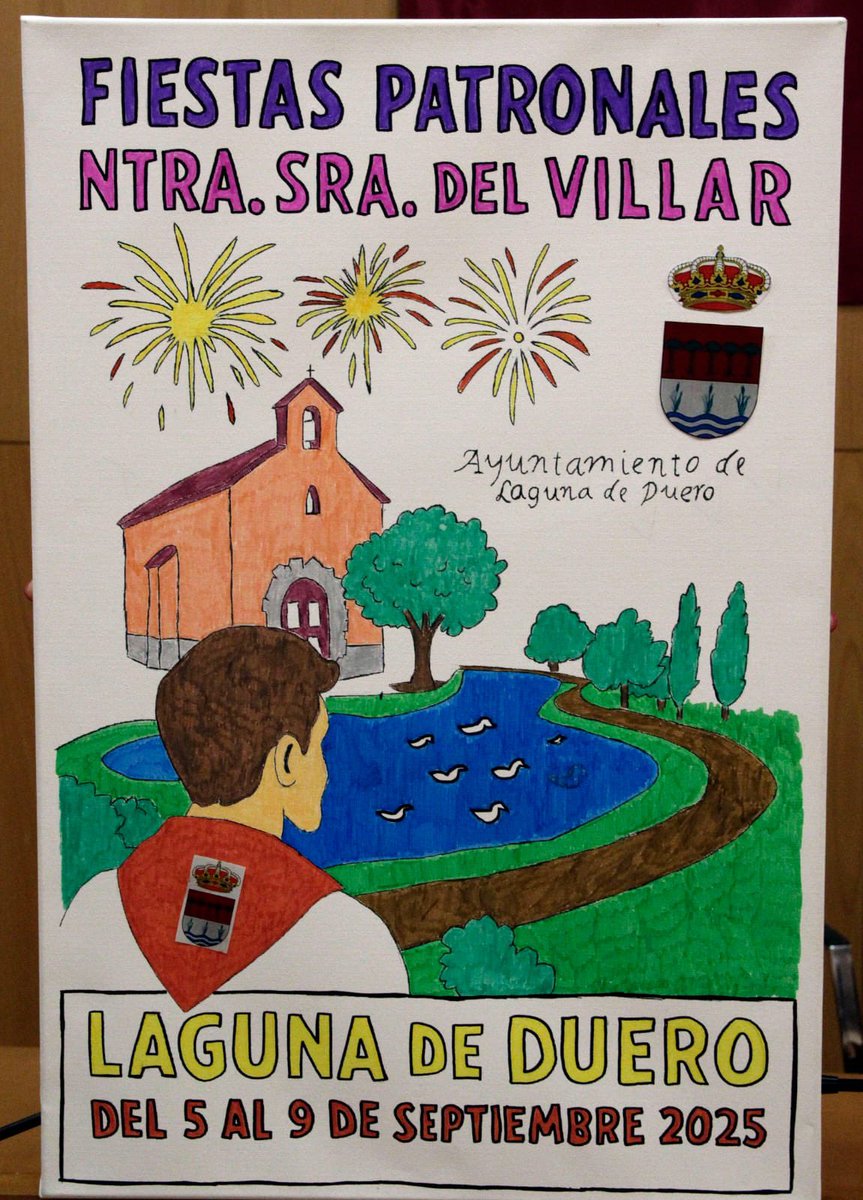 Cartel de las fiestas de Laguna de Duero (Valladolid). 
¿Se puede hacer algo aún más cutre que esto? Es que ni han quitado el fondo blanco del escudo al ponerlo en el pañuelo…  <a href="/AytoLagunaDuero/">Ayto Laguna de Duero</a>