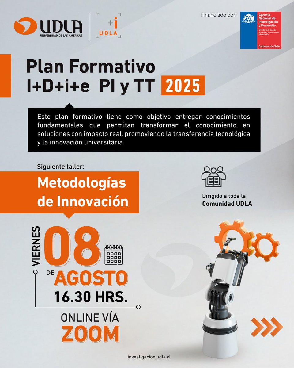 🙌🏼¡Súmate a este nuevo taller del #PlanFormativo2025 en I+D+i+e. PI y TT!

🎯 Taller: Metodología de Innovación
📅 Viernes 8 de agosto
🕟 16:30 horas
🔗 Inscríbete aquí: forms.office.com/r/RbH2TT1GVE

#InvestigaciónUDLA #InnovaciónUDLA #PropiedadIntelectual #UDLAi