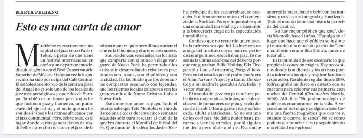 Parece impensable que un lugar tan fundamental para Madrid como el Café Central vaya a sucumbir a la burocracia ciega de la especulación inmobiliaria.
"Esto es una carta de amor"
Maravilla de artículo de Marta Peirano <a href="/minipetite/">Marta Peirano</a> en <a href="/el_pais/">EL PAÍS</a>