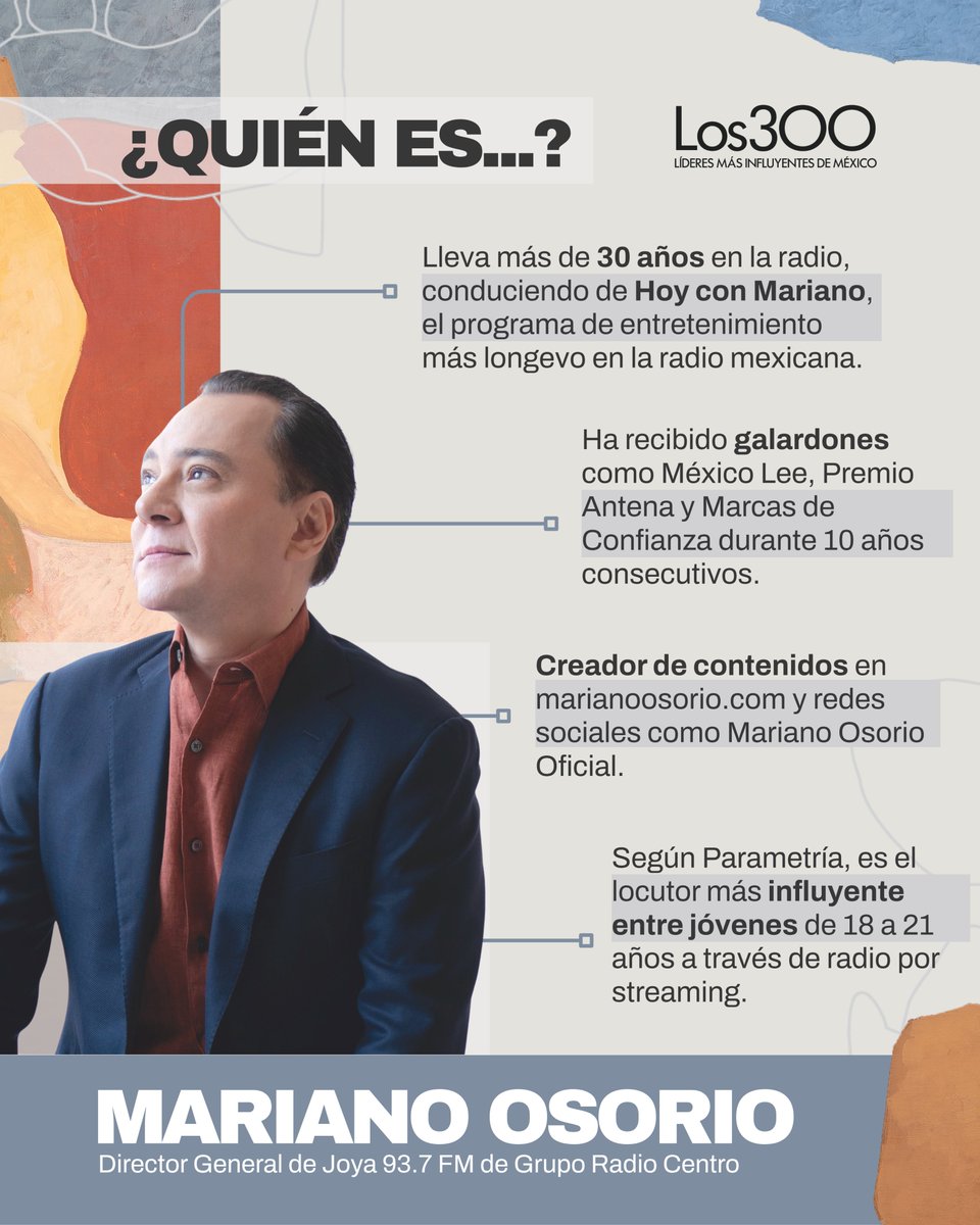 Líderes Mexicanos (@lideresmexicano) on Twitter photo 📻 ¿Quién es <a href="/marianoosorio1/">MARIANO OSORIO</a>? Director general de Joya 93.7 FM (Grupo Radio Centro) y conductor del programa Hoy con Mariano, al aire desde 1999 de lunes a domingo de 6 a 13 h, el más longevo de la radio nacional.
Conoce la lista completa: lideresmexicanos.com/categoria-de-l… 📻 ¿Quién es <a href="/marianoosorio1/">MARIANO OSORIO</a>? Director general de Joya 93.7 FM (Grupo Radio Centro) y conductor del programa Hoy con Mariano, al aire desde 1999 de lunes a domingo de 6 a 13 h, el más longevo de la radio nacional.
Conoce la lista completa: lideresmexicanos.com/categoria-de-l…