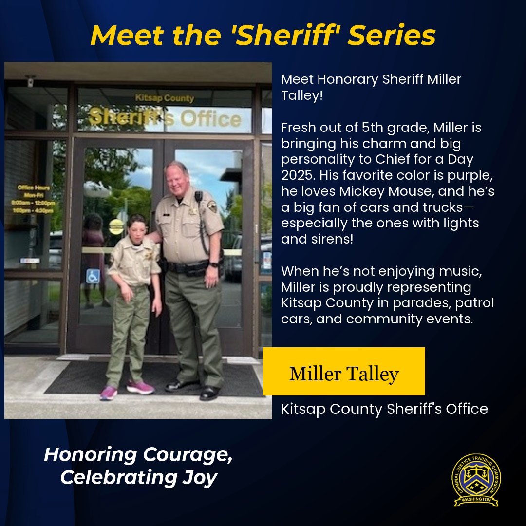 WSCJTC's tweet image. 🚓💜 Meet Honorary Sheriff Miller Talley!

Fresh out of 5th grade, Miller is repping Kitsap County with Sheriff Gese, riding in parades, and bringing purple pride to Chief for a Day 2025.

#ChiefForADay #KitsapCountySO #WSCJTC