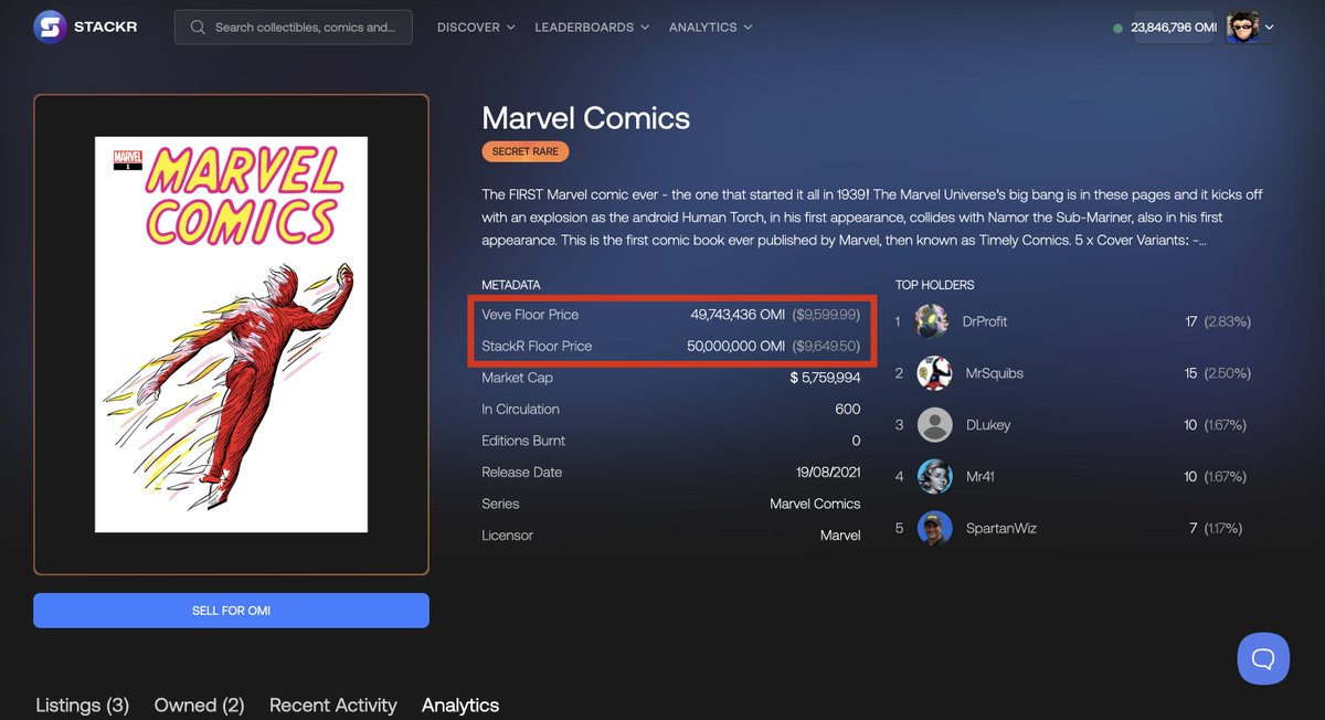 Marvel Comics #1 SR, one of the most iconic comics on the app, has reached a new incredible FLOOR of $9,500 #VeVe #DigitalCollecting #Comics