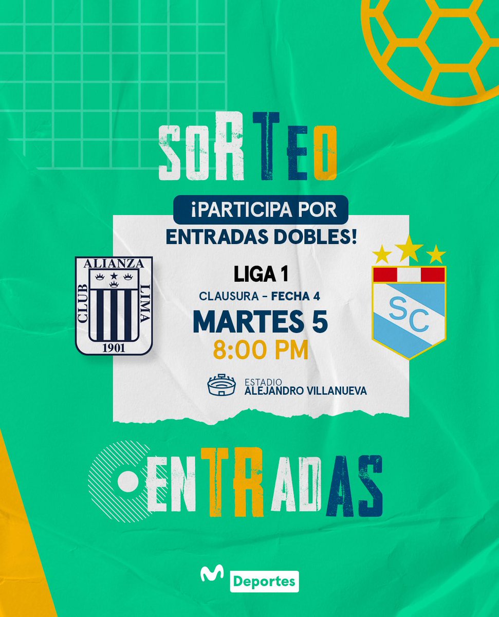 Movistar Deportes (@movistardeporpe) on Twitter photo ¡𝐆𝐀𝐍𝐀 𝐔𝐍𝐀 𝐄𝐍𝐓𝐑𝐀𝐃𝐀 𝐃𝐎𝐁𝐋𝐄 𝐏𝐀𝐑𝐀 𝐄𝐋 𝐀𝐋𝐈𝐀𝐍𝐙𝐀 𝐋𝐈𝐌𝐀 𝐕𝐒. 𝐒𝐏𝐎𝐑𝐓𝐈𝐍𝐆 𝐂𝐑𝐈𝐒𝐓𝐀𝐋! 🎟⚽🏟
Sigue estos pasos para entrar al sorteo:
1️⃣ Síguenos (<a href="/MovistarDeporPe/">Movistar Deportes</a>)
2️⃣ Repostea esta publicación.
3️⃣ Coméntala subiendo una foto alentando a tu ¡𝐆𝐀𝐍𝐀 𝐔𝐍𝐀 𝐄𝐍𝐓𝐑𝐀𝐃𝐀 𝐃𝐎𝐁𝐋𝐄 𝐏𝐀𝐑𝐀 𝐄𝐋 𝐀𝐋𝐈𝐀𝐍𝐙𝐀 𝐋𝐈𝐌𝐀 𝐕𝐒. 𝐒𝐏𝐎𝐑𝐓𝐈𝐍𝐆 𝐂𝐑𝐈𝐒𝐓𝐀𝐋! 🎟⚽🏟
Sigue estos pasos para entrar al sorteo:
1️⃣ Síguenos (<a href="/MovistarDeporPe/">Movistar Deportes</a>)
2️⃣ Repostea esta publicación.
3️⃣ Coméntala subiendo una foto alentando a tu