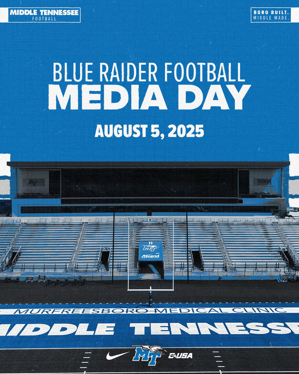 Welcoming the media to Floyd Stadium tomorrow morning! Stay tuned for all the coverage from media outlets around the midstate 👀

Check out Blue Raider Athletics on Facebook or YouTube at 7 AM for a LIVE inside look at the Blue Raiders' practice!

#BoroBuiltMiddleMade