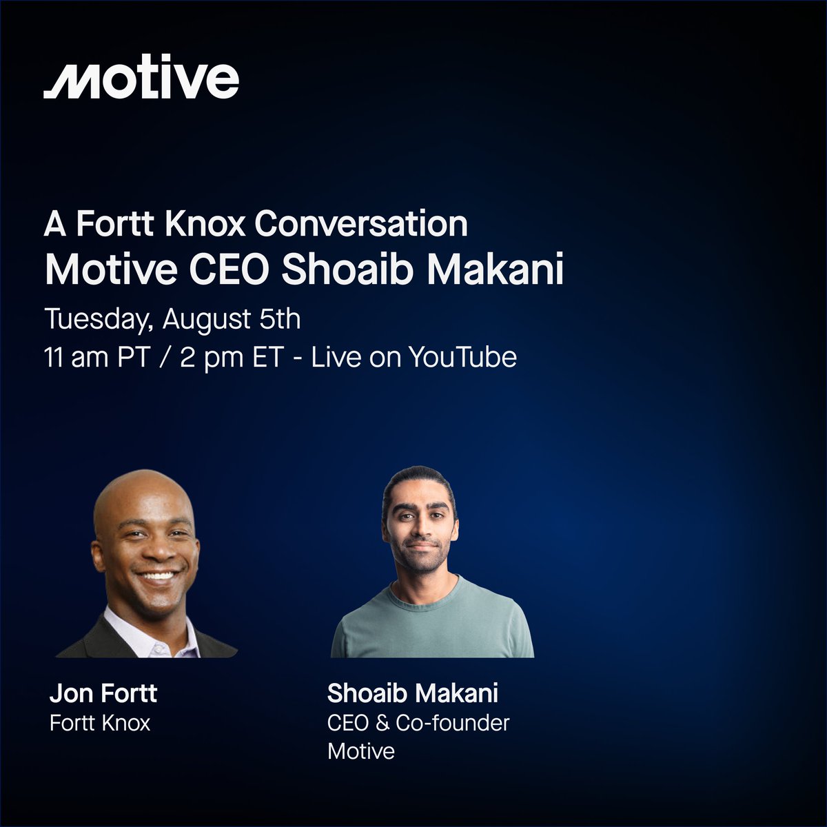 Motive_inc's tweet photo. 📣Tune in tomorrow. Motive CEO, Shoaib Makani, is joining @CNBC's @jonfortt on Fortt Knox for a live conversation about #AI, leadership, and the future of the physical economy.

📍 Streaming live on YouTube
📅 Tomorrow, Tuesday, August 5 at 11 a.m. PT / 2 p.m. ET

Don’t miss this one: https://t.co/7WBYvTtB8j