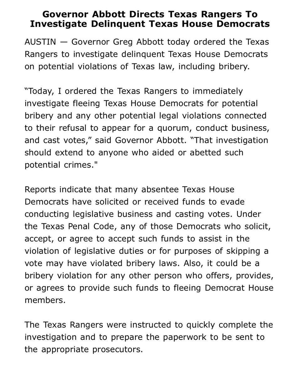 Brandon Waltens (@bwaltens) on Twitter photo Inbox: <a href="/GregAbbott_TX/">Greg Abbott</a> directs Texas Rangers to investigate Democrats who fled Texas for possible bribery violations #txlege Inbox: <a href="/GregAbbott_TX/">Greg Abbott</a> directs Texas Rangers to investigate Democrats who fled Texas for possible bribery violations #txlege