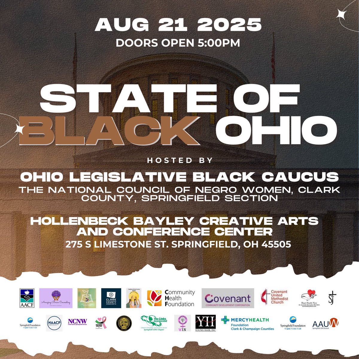 SAVE THE DATE August 21. For <a href="/_OLBC/">Ohio Legislative Black Caucus</a> 1st stop discussing how the Ohio Statehouse is effecting Black Americans