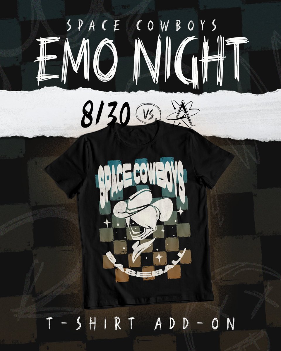 SLSpaceCowboys's tweet photo. 𝐈𝐭 𝐰𝐚𝐬 𝐧𝐞𝐯𝐞𝐫 𝐚 𝐩𝐡𝐚𝐬𝐞. 🤘

Be here on Saturday, August 30 for Emo Night complete with an available Space Cowboys Emo Shirt add-on and a postgame concert from @YallOutBoyATX! Shirts are limited supply so be sure and secure yours now ⬇️

👉 https://t.co/f85vgfwpsw https://t.co/4UjrX31hrQ