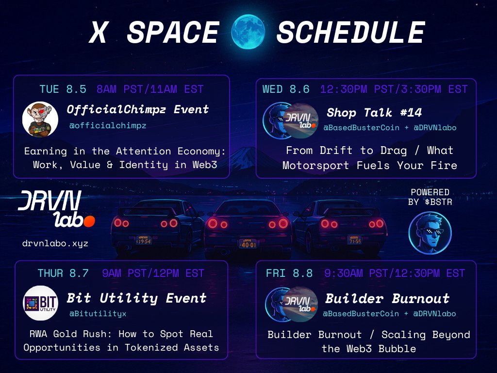 DRVN (@drvnlabo) on Twitter photo Packed week ahead for DRVN Labo & <a href="/BasedBusterCoin/">Buster</a>
🎙️2 Special Spaces with <a href="/officialchimpz/">officialchimpzee</a> and <a href="/Bitutilityx/">BitUtility</a> and our weekly spaces — pull up, share your takes, and build with the crew.
Full throttle on vision and overdrive 👇 Packed week ahead for DRVN Labo & <a href="/BasedBusterCoin/">Buster</a>
🎙️2 Special Spaces with <a href="/officialchimpz/">officialchimpzee</a> and <a href="/Bitutilityx/">BitUtility</a> and our weekly spaces — pull up, share your takes, and build with the crew.
Full throttle on vision and overdrive 👇
