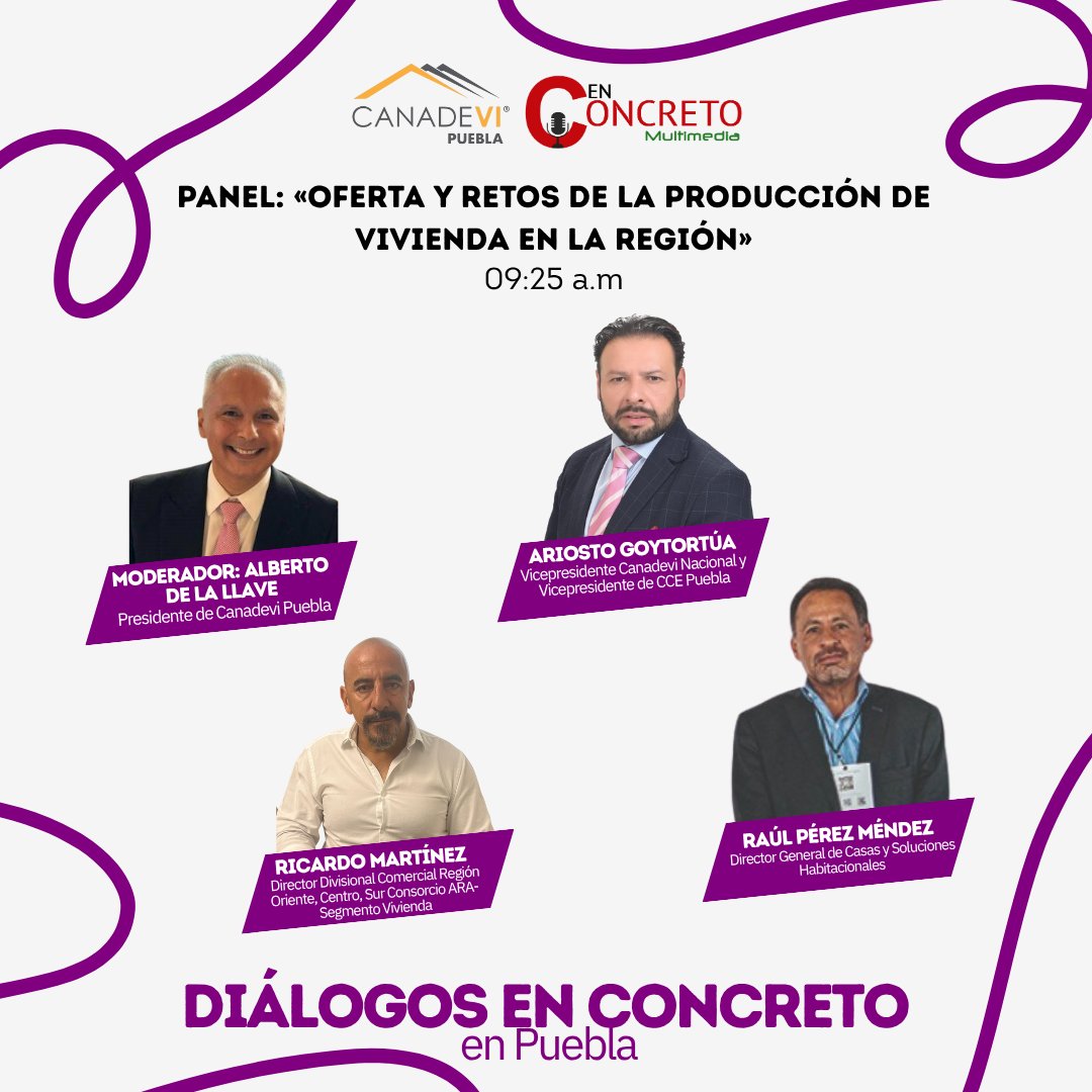 🏘️ Este jueves 14 de #agosto a las 9:25 a.m. no te pierdas el panel: “Oferta y retos de la producción de #vivienda en la región” en #DiálogosEnConcreto  Puebla con la anfitrionía de <a href="/canadevi_puebla/">canadevi_puebla</a>

🎙️ Moderador: Alberto de la Llave, Pdte. de <a href="/canadevi_puebla/">canadevi_puebla</a>
👷‍♂️ Participan: